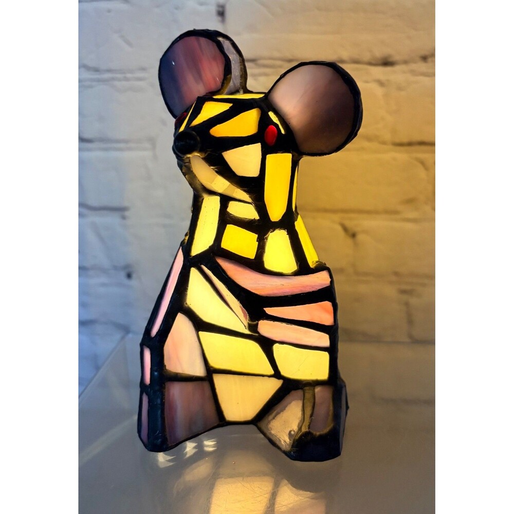 Mouse Shaped Stained Glass Lamp Night Light 6” Tall Works